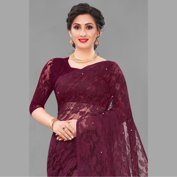 ❤️Pearl Embellished Net Jacquard Saree with Unstitched Blouse❤️ Maroon - Picture 4 of 7